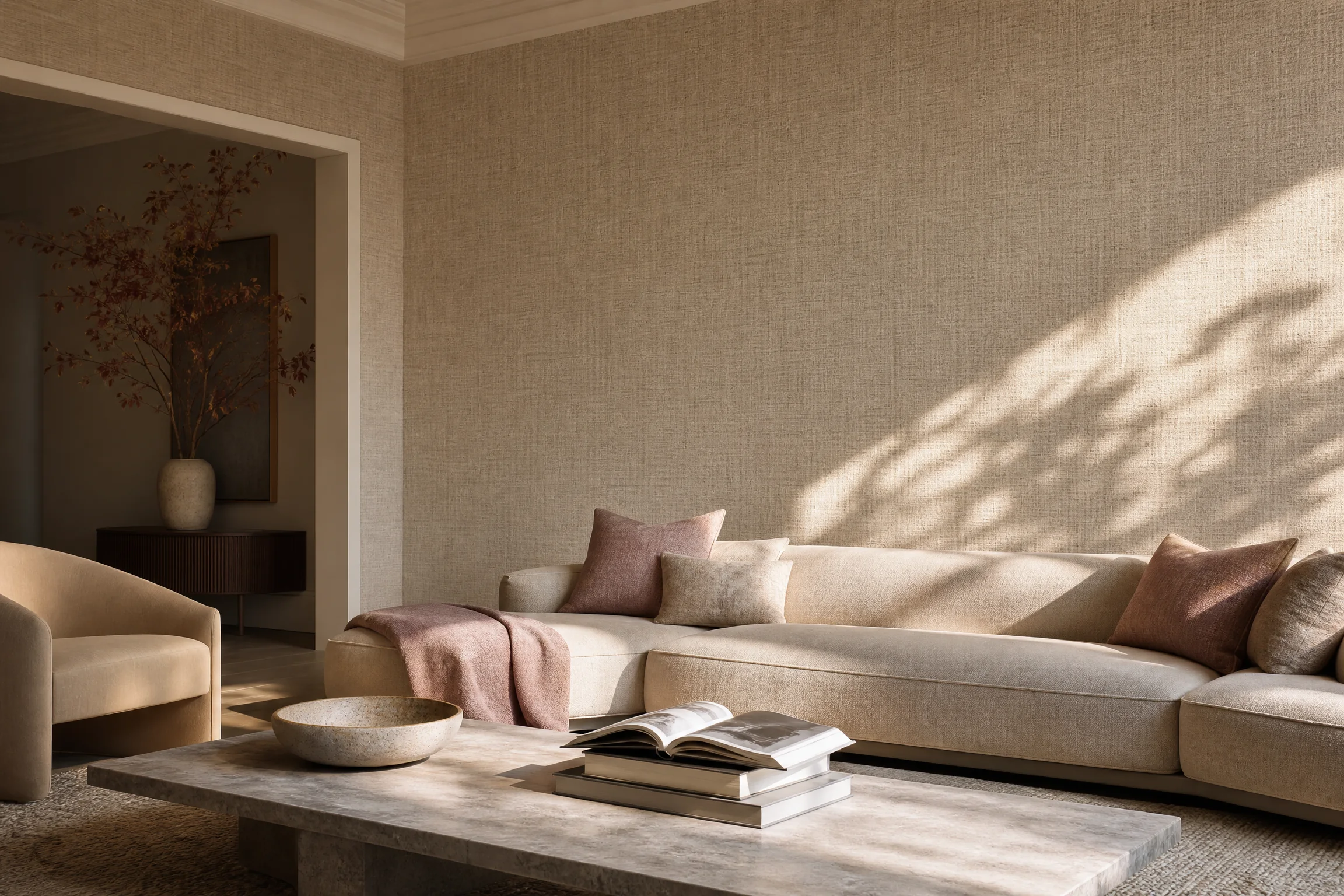 Creative living room feature wall with textured wallpaper
