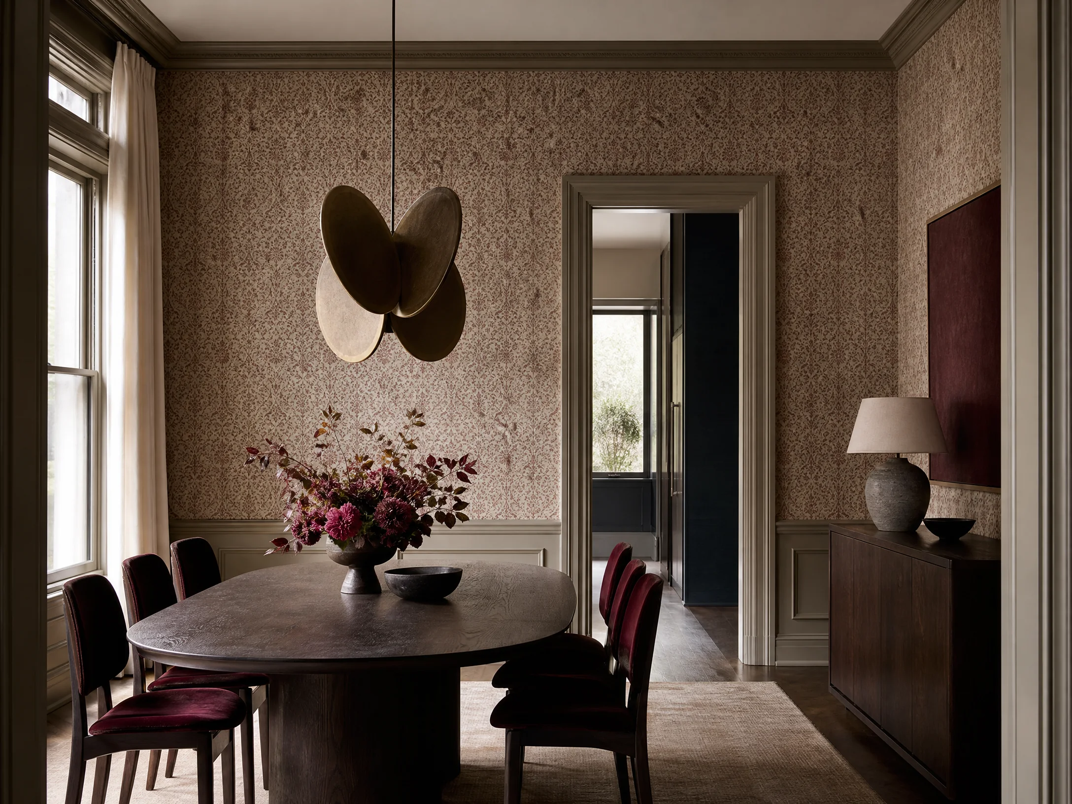 Expressive dining room wallpaper installation