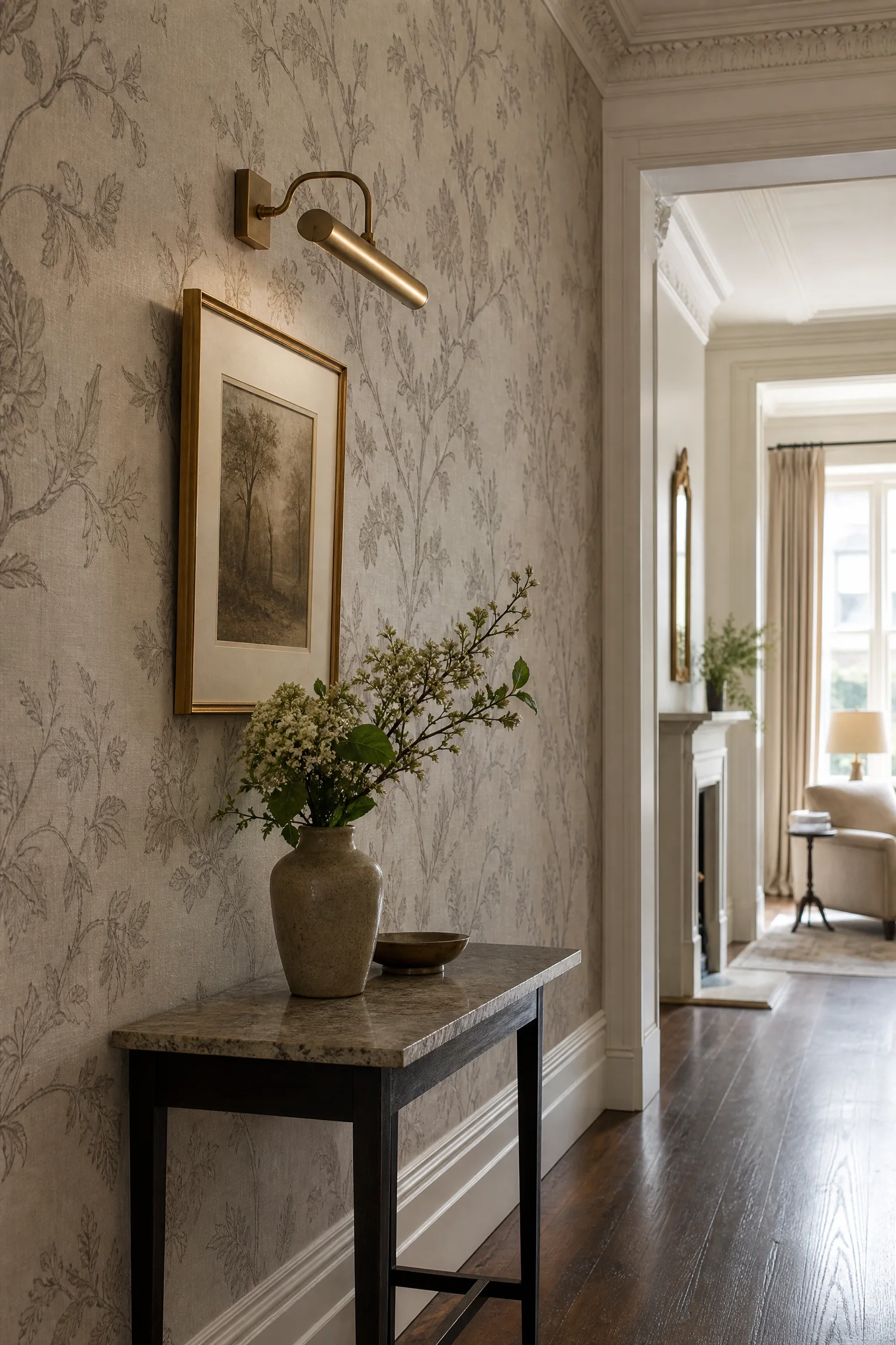 Dynamic hallway design with expressive wallpaper